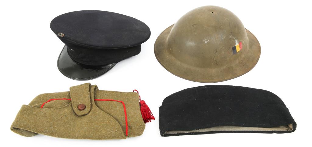 WORLD ARMY MILITARY HEADGEAR LOT OF 4: WORLD ARMY MILITARY HEADGEAR LOT OF 4 World Army Military headgear, lot of 4. Includes 1- WWII US Military dark blue band hat; 1- Belgium Army Doughboy style combat helmet; 1- Spanish Army cap; 1- WWI