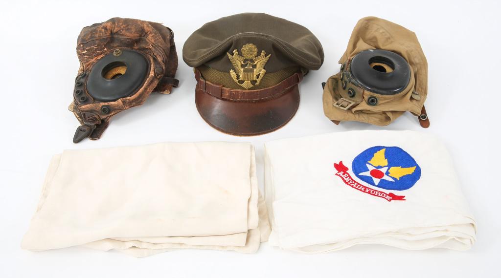USAAF FLIGHT HELMET TYPE AN-H-15 & TYPE A-11& HAT: USAAF FLIGHT HELMET TYPE AN-H-15 & TYPE A-11& HAT WWII USAAF Flight Helmets lot of two. (1) Type A-II Spec No.3189 Size: Medium leather flight helmet. (2) Type AN-H-15 No.W33-038 Size: Large Summer kh