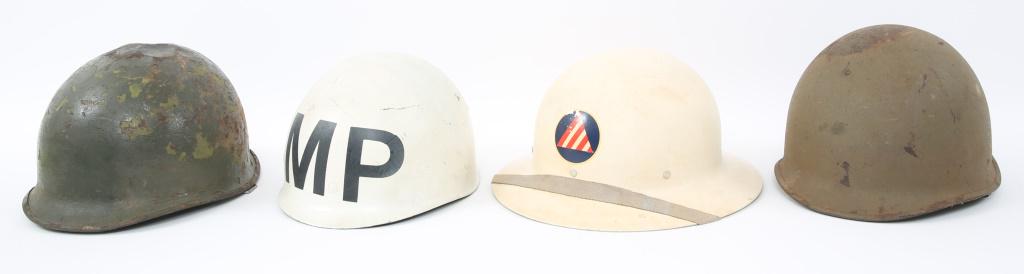 US M1 MP & CIVIL SERVICE HELMETS & LINER LOT OF 4: US M1 MP & CIVIL SERVICE HELMETS & LINER LOT OF 4 (1) Sand paint finish, M1 swivel bale rear seam with liner. (2) OD Green painted shell, swivel bale rear seam with liner. (3) MP marked liner (4) Civi