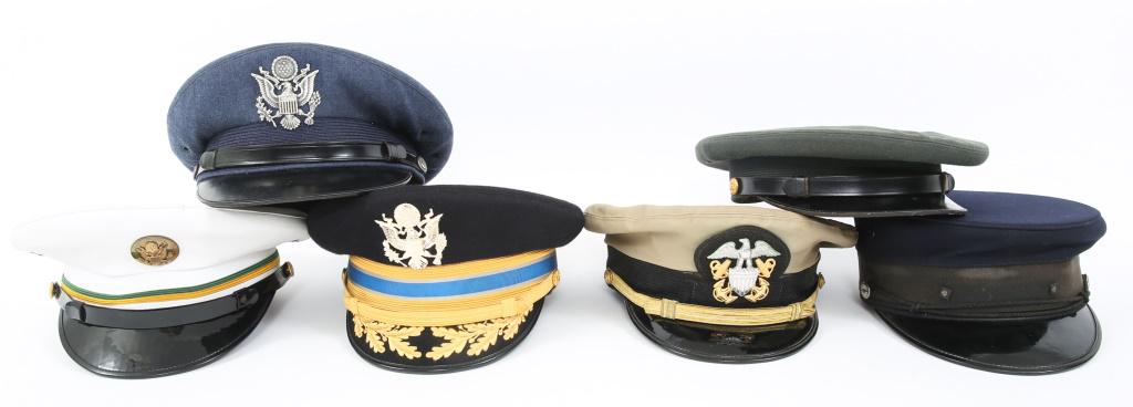 US ARMY - NAVY - AIR FORCE VISORS HAT LOT OF 6: US ARMY - NAVY - AIR FORCE VISORS HAT LOT OF 6 (1) USN Naval officer khaki, decorative frontal emblem, waterproof fabric. (2) US Army green wool visor. (3) Blue US Air Force Visor. (4) Union Pacific C