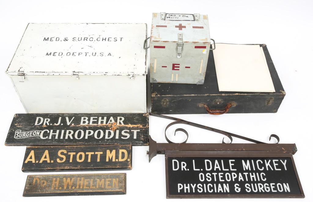 MEDICAL SURGICAL SIGNS INSTRUMENTS TRUNKS: MEDICAL SURGICAL SIGNS INSTRUMENTS TRUNKS Lot includes : Lutes Field Medical Examination Kit in original suitcase with two leather stools in traveling case. White metallic medical chest marked "Med & 