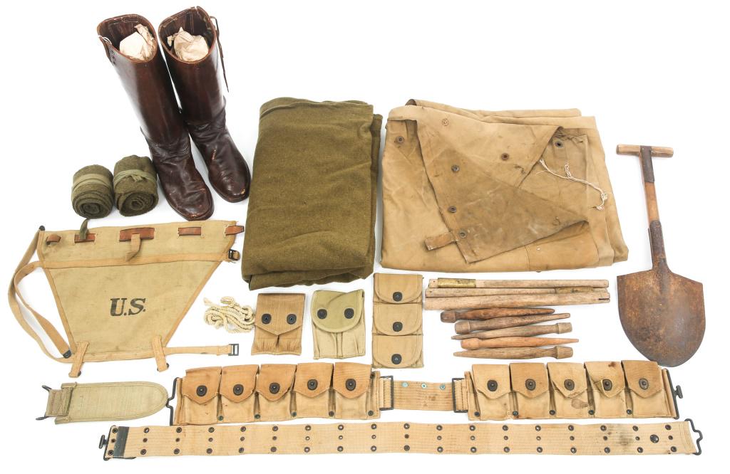 WWI US FIELD GEAR LOT BOOTS BELTS POUCHES & MORE: WWI US FIELD GEAR LOT BOOTS BELTS POUCHES & MORE WWI US Field Gear Lot. Includes: Leather boots by Cupples, Pouches, Belts, Green wool blanket, Puttees, Half Shelter 1st type with stakes, Entrenching 