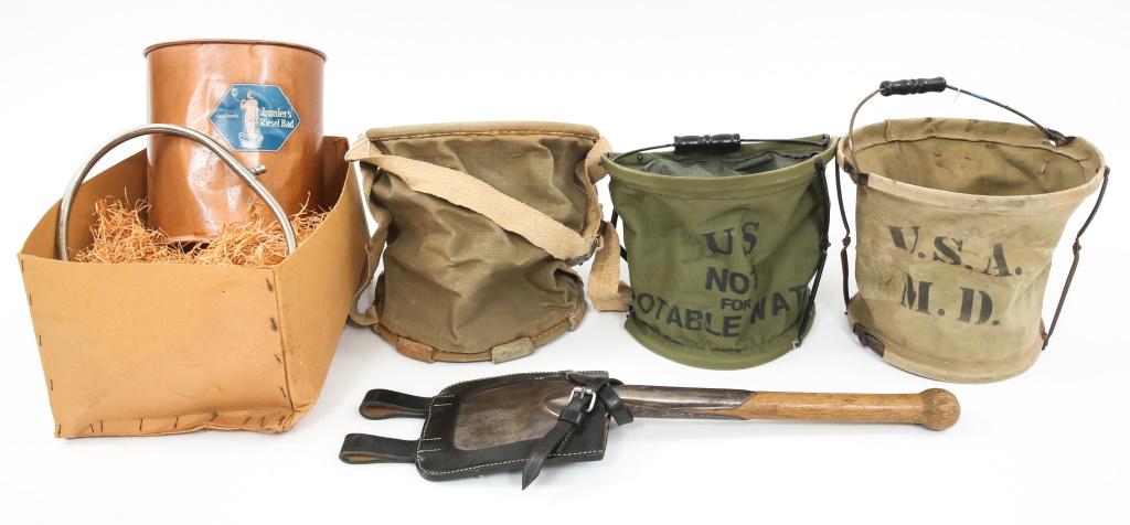 WWII US & GERMAN MILITARY CAMP & FIELD GEAR LOT: WWII US & GERMAN MILITARY CAMP & FIELD GEAR LOT Lot includes : German Entrenching tool with leather case, Two US marked Folding Canvas Pails, One Boxed Brass pail for field showering.