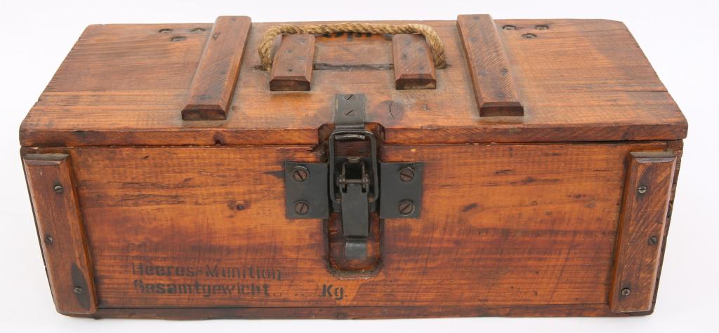 WWII GERMAN 1944 DATED RIFLE GRENADE MUNITIONS BOX: WWII GERMAN 1944 DATED RIFLE GRENADE MUNITIONS BOX WWI German Rifle Grenade (Gewehr-Sprenggranate) Wooden Munitions Box, scarce. Interior of lid marked "700b" and dated 9 Oct. 1944 above Waffenamt. Ex