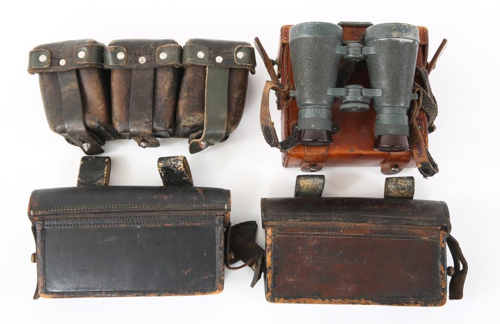 WWI WWII GERMAN AMMO POUCHES & BINOCULARS LOT: WWI WWII GERMAN AMMO POUCHES & BINOCULARS LOT WWII German Ammo pouches one marked "Stuttgart 1915", one marked "Loln Berlin", one faintly marked 1885 on front. Binoculars by Carl Zeiss in leather case
