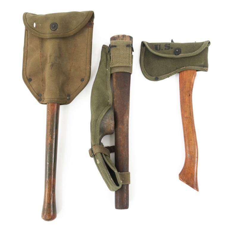 WWII US ARMY ENTRENCHING SHOVEL, PICK & AXE LOT: WWII US ARMY ENTRENCHING SHOVEL, PICK & AXE LOT WWII US Army entrenching tools, lot of 3. Includes (1) M1910 axe stamped " US, American Fork 1944 " and 1944 OD7 pouch; (1) M1910 pick - mattock and car