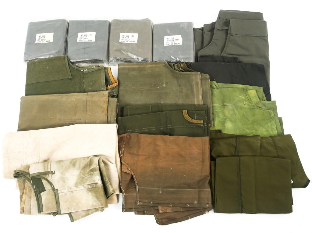 WWII TO VIETNAM WAR US ARMY FABRIC COT COVERS: WWII TO VIETNAM WAR US ARMY FABRIC COT COVERS Lot includes: Cot covers constructed of various materials (nylon, canvas, cotton etc). Some new in issued packaging.