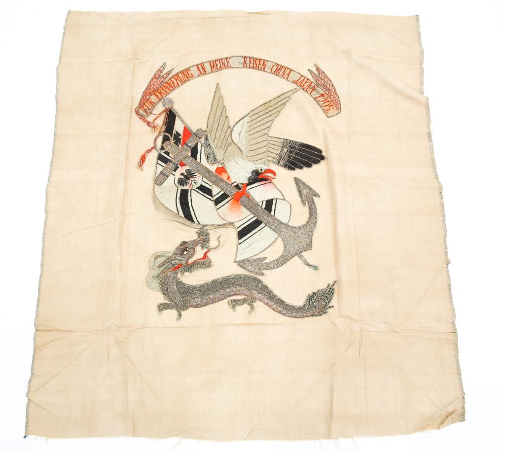 IMPERIAL GERMAN FAR EAST TRAVEL SOUVENIR BANNER: IMPERIAL GERMAN FAR EAST TRAVEL SOUVENIR BANNER Imperial German Kriegsmarine Embroidery Banner Commemorating China Japan Visit. Text in red thread reads "Zur Frinnerung an Meine Reisen China Japan 190