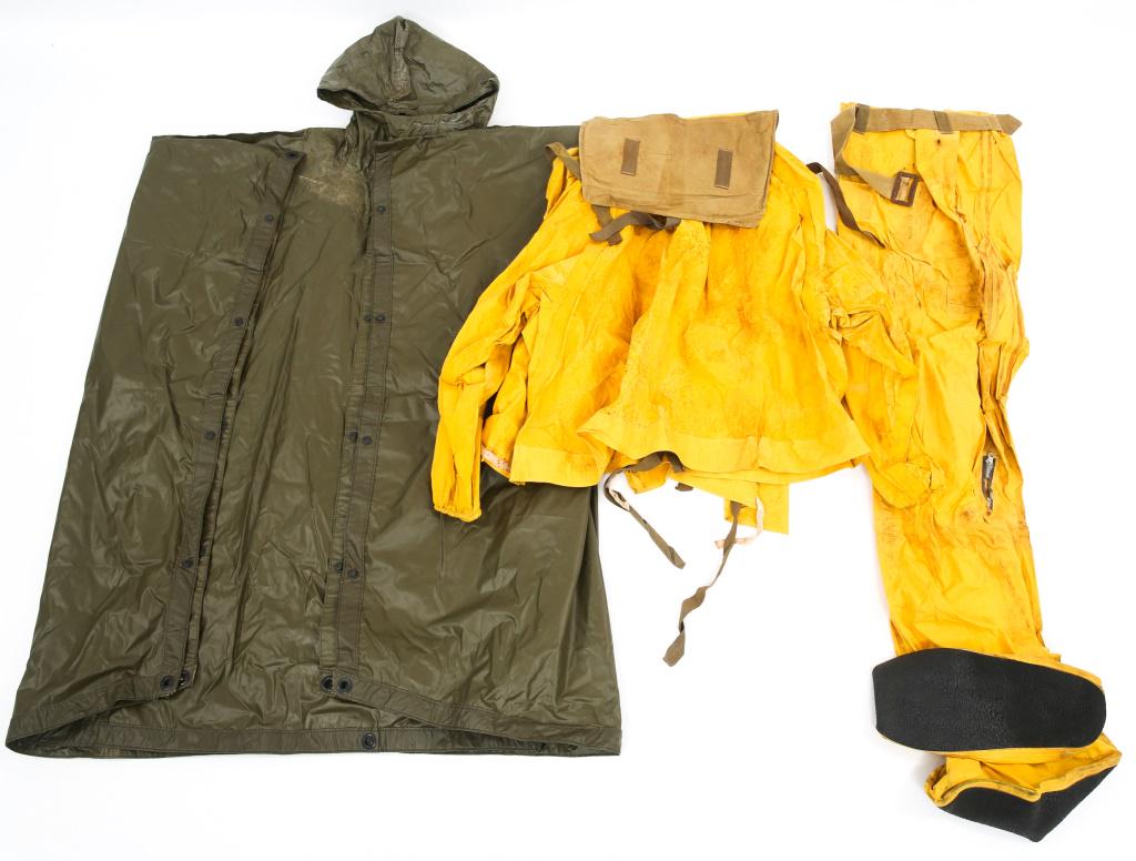WWII US & UK MILITARY RAIN GEAR & PONCHO LOT: WWII US & UK MILITARY RAIN GEAR & PONCHO LOT 1- WWII US OD Green rain poncho with drawstring hood and snap buttons. Standard one size fits all. 1- WWII UK Yellow rain gear smock & trousers set, with b