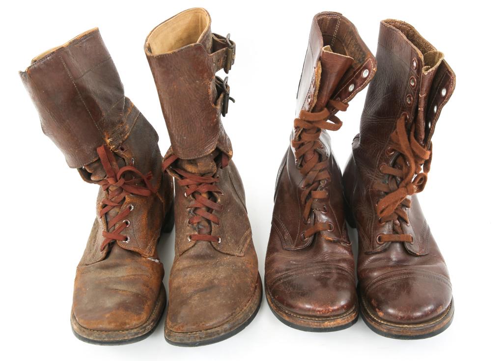 WWII US ARMY DOUBLE BUCKLE & COMBAT BOOTS LOT: WWII US ARMY DOUBLE BUCKLE & COMBAT BOOTS LOT (1) Pair of US Army leather combat boots, 11eyelets, Capped toes, Solid Rubber soles marked "Slipknot Plymouth Rubber Co. Inc", brown cloth laces. Size 8.
