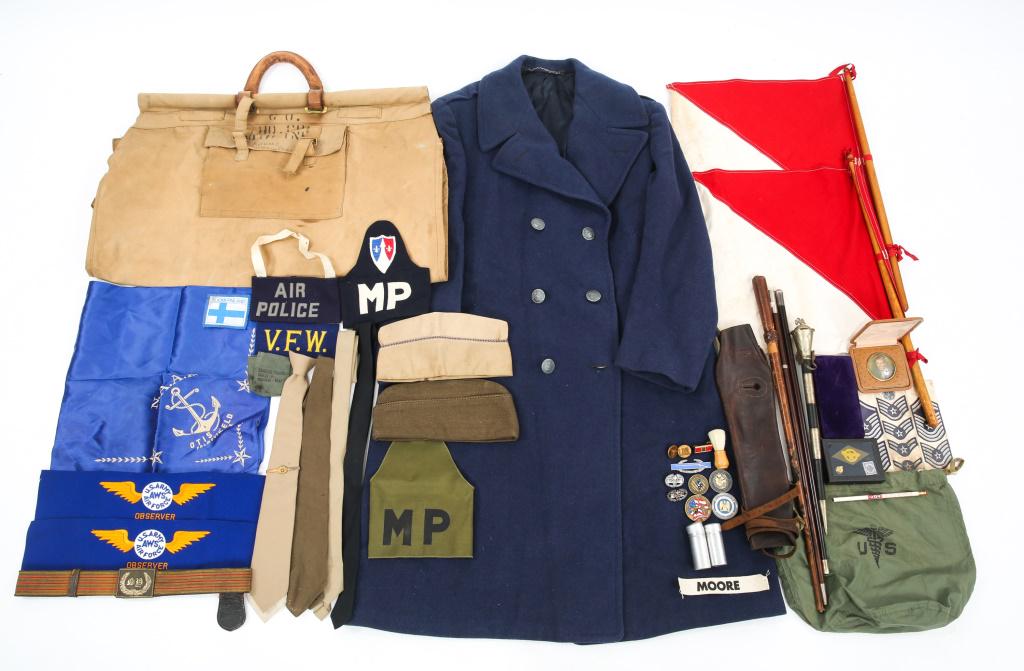 WWII TO COLD WAR MULTI BRANCH UNIFORM & GEAR LOT: WWII TO COLD WAR MULTI BRANCH UNIFORM & GEAR LOT WWII to Cold War era Mixed US & World military grouping. Lot includes French officer's sword-baton with 4-edge bayonet blade, two other ebonized wood a