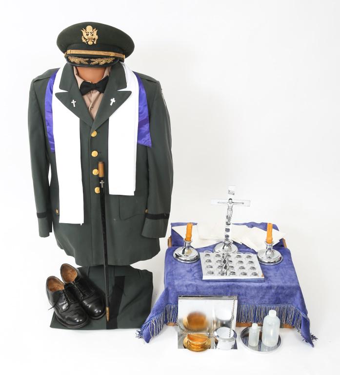 VIETNAM WAR US ARMY 97TH INF CHAPLAINS UNIFORM LOT: VIETNAM WAR US ARMY 97TH INF CHAPLAINS UNIFORM LOT Vietnam War era US Army Chaplain's Lot. Dress Uniform with Jacket size 40S, Pants size W-35 L-36, shirt, Officer's fur felt visor cap (scrambled eggs