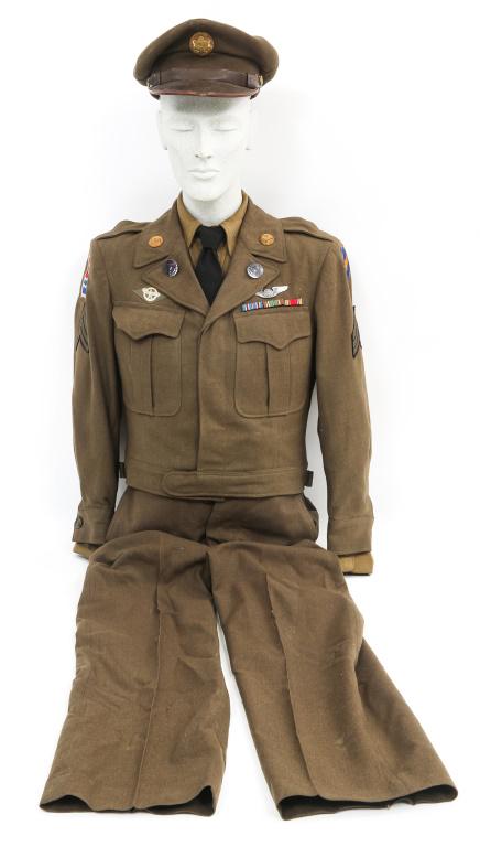 WWII US AAF AIRCREW NCO DRESS UNIFORM: WWII US AAF AIRCREW NCO DRESS UNIFORM WWII US Army Air Force, Aircrew uniform. Includes 1- Ike jacket with collars, ribbons patches and Aircrew wings ( post War ); 1- Khaki wool shirt & tie; 1- Khaki