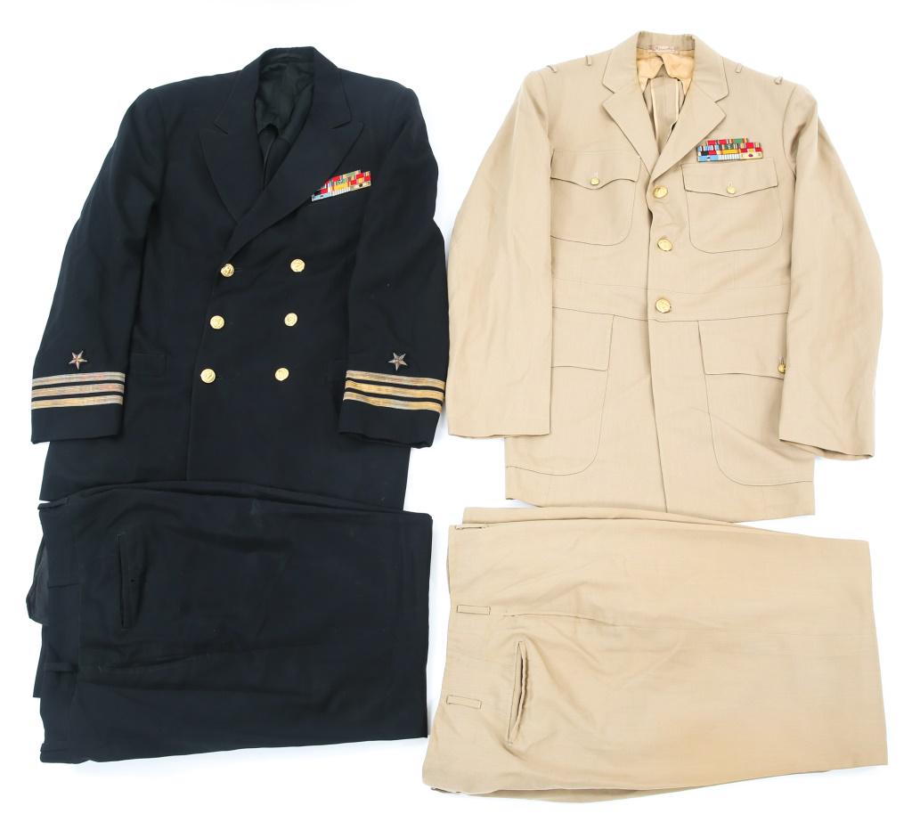 WWII - KOREA NAVAL OFFICER DRESS UNIFORM SET LOT: WWII - KOREA NAVAL OFFICER DRESS UNIFORM SET LOT WWII - Korea US Navy dress uniform set, lot of 5. Includes; 1- Set of 2 named uniforms, 1- named khaki tunic with ribbon bar and pants, 1- named Comman
