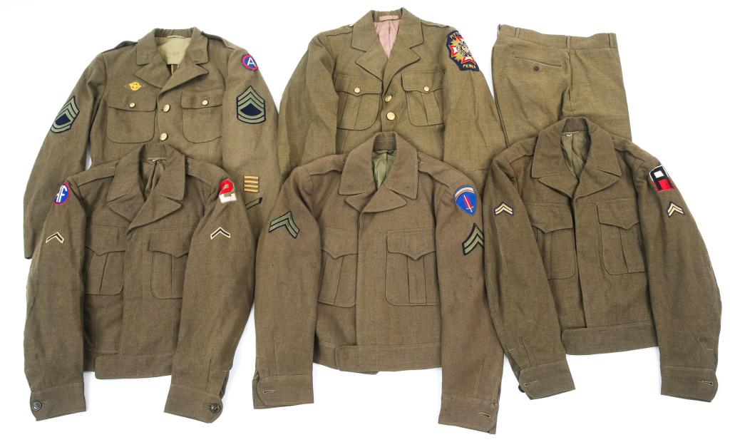 WWII - KOREA US ARMY EM / NCO UNIFORM MIXED LOT: WWII - KOREA US ARMY EM / NCO UNIFORM MIXED LOT WWII - Korea War era US Army Enlisted Man / NCO uniforms mixed lot. Includes 3- Ike jackets with patches and rank insignia; 1- Third Army Alpha tunic; 1
