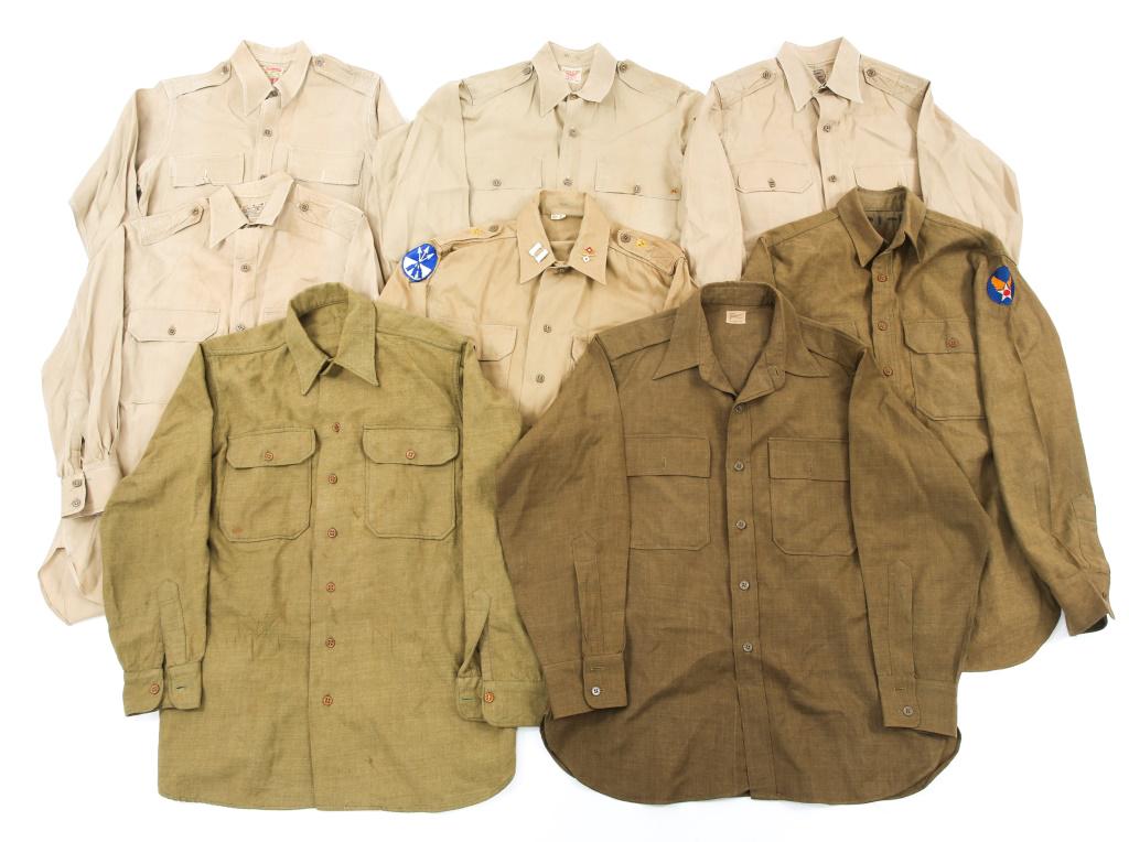 WWII USAAF & 23RD ARMY CORPS UNIFORM LOT: WWII USAAF & 23RD ARMY CORPS UNIFORM LOT (1) Size 15 1/2 - 35 Captain's bars, Signal Corps collar pins and 23rd Infantry shoulder patch. (2) OD Green wool utility shirt with USAAF insignia shoulder pa