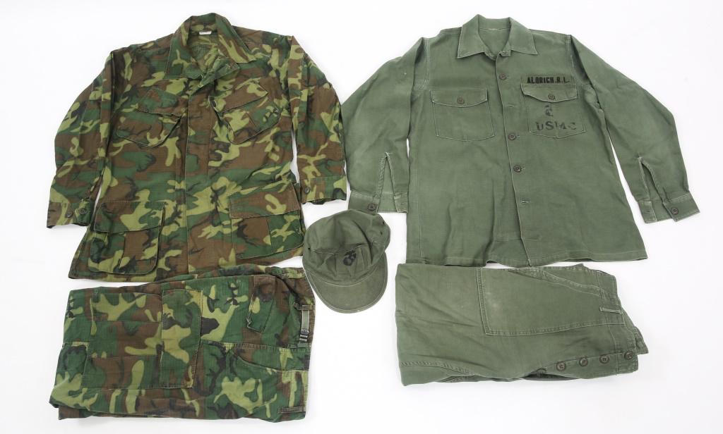 VIETNAM WAR ERDL JUNGLE SET & OG107 UNIFORM LOT: VIETNAM WAR ERDL JUNGLE SET & OG107 UNIFORM LOT 1- Vietnam War US Army ERDL green dominant rip-stop camo set, shirt size Medium Reg dated 68, Pants size small reg dated 69. 1- USMC OG-107 utility set,