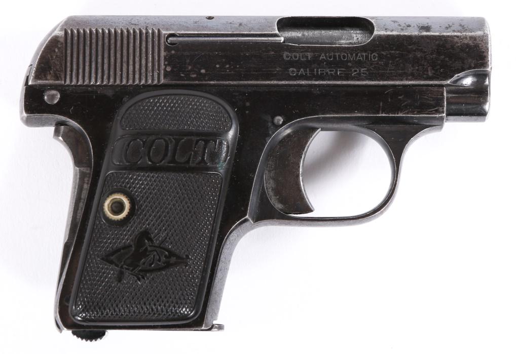 1911 COLT M1908 .25 ACP VEST POCKET PISTOL: 1911 COLT M1908 .25 ACP VEST POCKET PISTOL 1911 Colt model 1908 .25 ACP Vest Pocket Hammerless semi-automatic pistol. Checkered Colt hard rubber grips. Blued finish. Grip safety. Right side of slide r