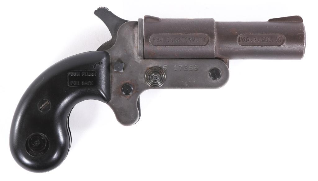 FMJ MODEL D45 .45 LC / .410 GA DERRINGER: FMJ MODEL D45 .45 LC / .410 GA DERRINGER FMJ model D45 .45LC/.410GA Derringer. "FMJ Ducktown, TN" and "Mod. D. Cal.45" marked on the barrel. Parkerized finish, blade front sight, and hard rubber grips