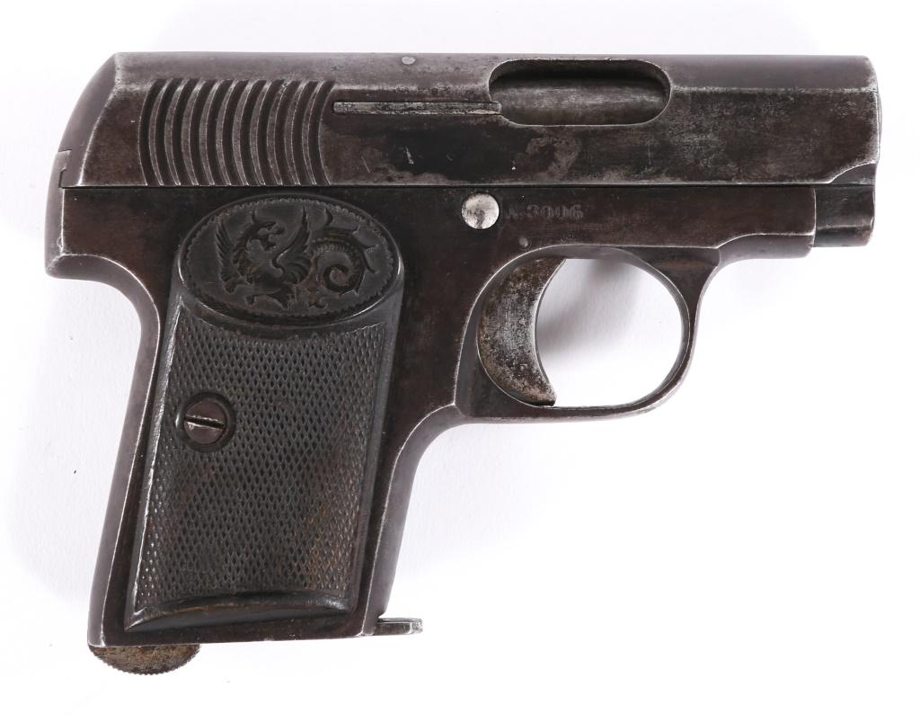 GARATE ANITUA Y CIA VERITABLE EXPRESS 7.65 PISTOL: GARATE ANITUA Y CIA VERITABLE EXPRESS 7.65 PISTOL Garate Anitua y Cia Veritable Express 7.65mm semi-automatic vest pocket pistol. Blued finish. Checkered hard rubber grips, with dragon design. Right s