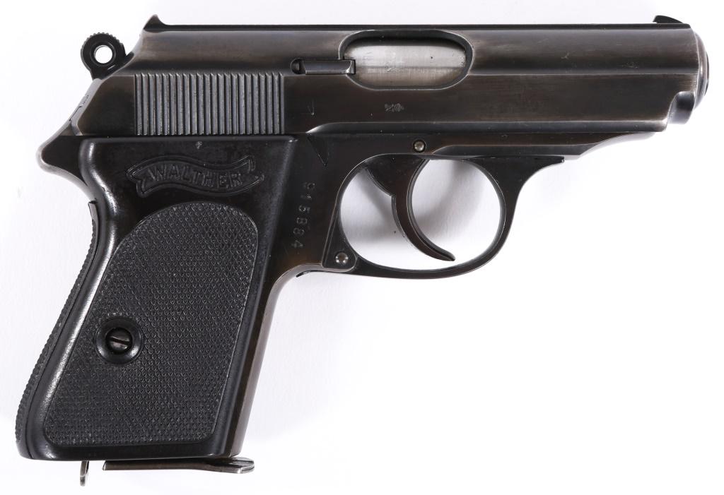 WALTHER MODEL PPK 7.65x17mm PISTOL: WALTHER MODEL PPK 7.65x17mm PISTOL Pre-1968 Walther model PPK 7.65x17mm Pistol. Black checkered hard rubber grips. Blued finish. One magazine. Nitro proof on barrel and slide. Left side of slide reads