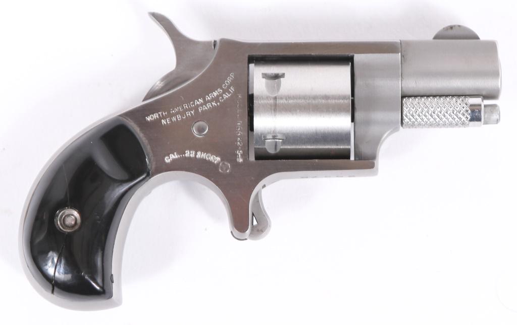 NORTH AMERICAN ARMS NAA-22-S-S .22 SHORT REVOLVER: NORTH AMERICAN ARMS NAA-22-S-S .22 SHORT REVOLVER North American Arms Model NAA-22-S-S .22 Short single-action Revolver. Stainless steel finish with black resin grips, five-shot cylinder and original