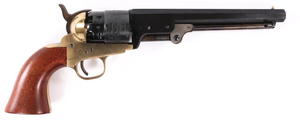 ASM MODEL1851 NAVY .44 CAL PERCUSSION REVOLVER: ASM MODEL1851 NAVY .44 CAL PERCUSSION REVOLVER Armi San Marco model 1851 Navy .44 Caliber Black Powder Revolver, with leather holster. "ASM Black Powder Only .44 Cal Made in Italy" marked above the lo