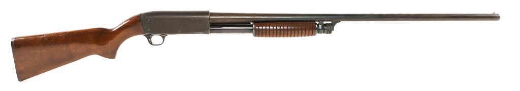 ITHACA MODEL 37 FEATHERLIGHT 16 GA SHOTGUN: ITHACA MODEL 37 FEATHERLIGHT 16 GA SHOTGUN Ithaca model 37 Featherlight 16 gauge pump-action shotgun. 2.75" chamber. Modified choke. Walnut stock, and blued finish. Duck, dog and pheasant scenes engra