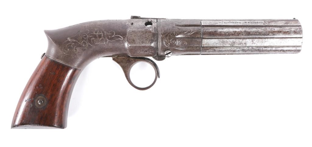 ROBBINS & LAWRENCE .30 CAL PEPPERBOX PISTOL: ROBBINS & LAWRENCE .30 CAL PEPPERBOX PISTOL Robbins & Lawrence .30 caliber Pepperbox Percussion Pistol. Five 4.5" conjoined rifled barrels. Walnut grips. Round trigger. Floral engraving on receiver an