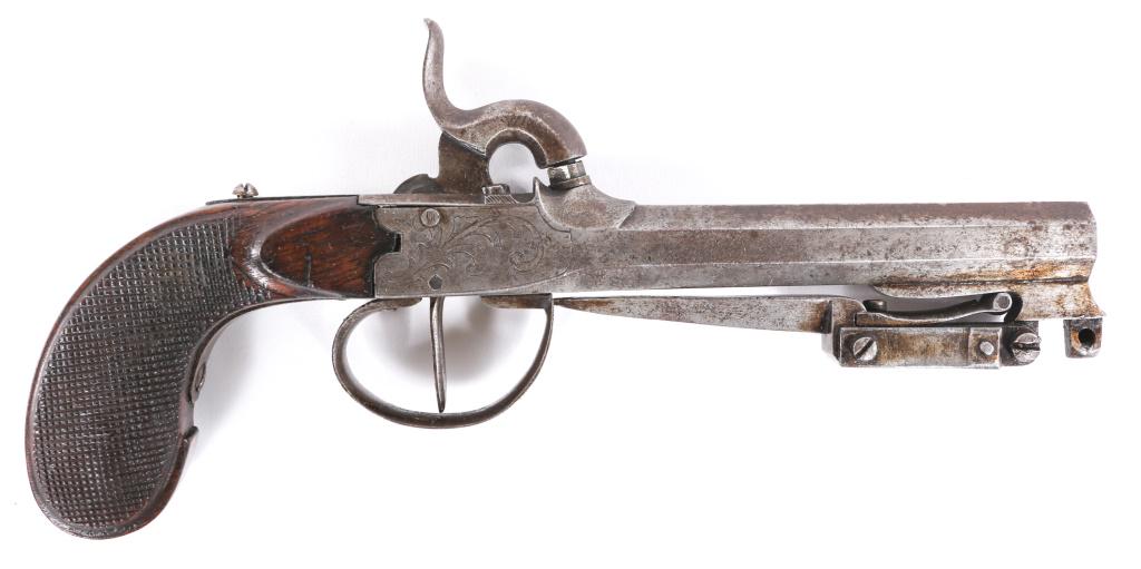 BELGIAN .48 CAL BOXLOCK PERCUSSION BAYONET PISTOL: BELGIAN .48 CAL BOXLOCK PERCUSSION BAYONET PISTOL Belgian .48 caliber Boxlock Percussion Pistol with Bayonet. Spring operated bayonet. Checkered walnut grip. Floral engraving on boxlock and trigger gu