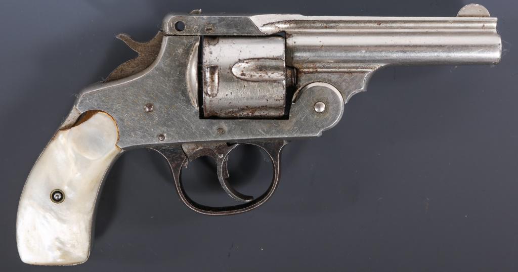 IVER JOHNSON 2nd MODEL TOP BREAK .38 S&W REVOLVER: IVER JOHNSON 2nd MODEL TOP BREAK .38 S&W REVOLVER Iver Johnson 2nd Model Top Break Double Action .38 S&W Revolver. "Iver Johnson Arms & Cycle Works" marked on the sight rib. Nickel plate finish, mothe