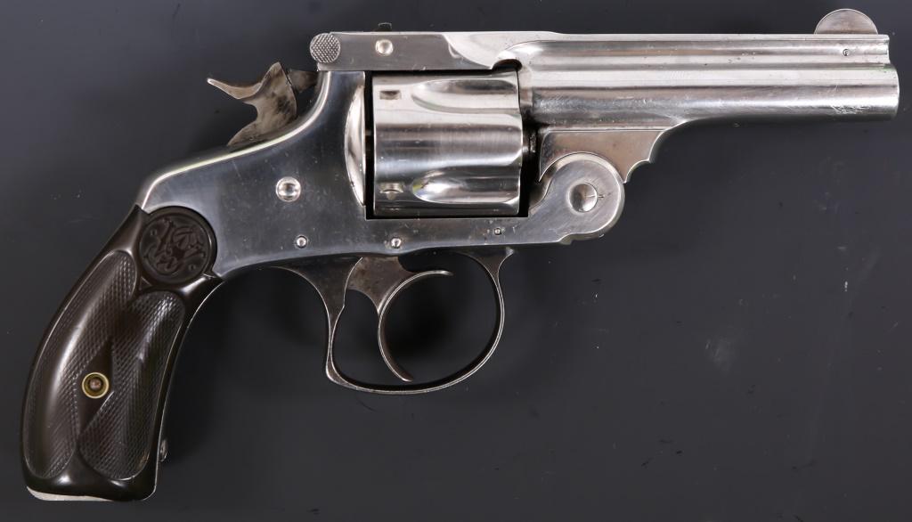 S&W 38 DOUBLE ACTION 3rd MODEL .38 S&W REVOLVER: S&W 38 DOUBLE ACTION 3rd MODEL .38 S&W REVOLVER Smith & Wesson 38 double action 3rd model .38 S&W top-break revolver. Revolver features nickel finish, brown checkered S&W monogrammed hard rubber grips
