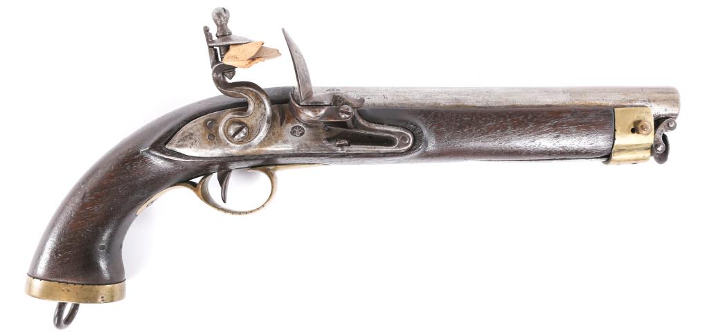 PERSIAN MARKED 69 CAL SEA SERVICE FLINTLOCK PISTOL: PERSIAN MARKED 69 CAL SEA SERVICE FLINTLOCK PISTOL Persian marked .69 caliber British made Sea Service Flintlock Pistol. Walnut stock. Lanyard ring. Hinged loading lever. Brass buttcap, forecap and tr
