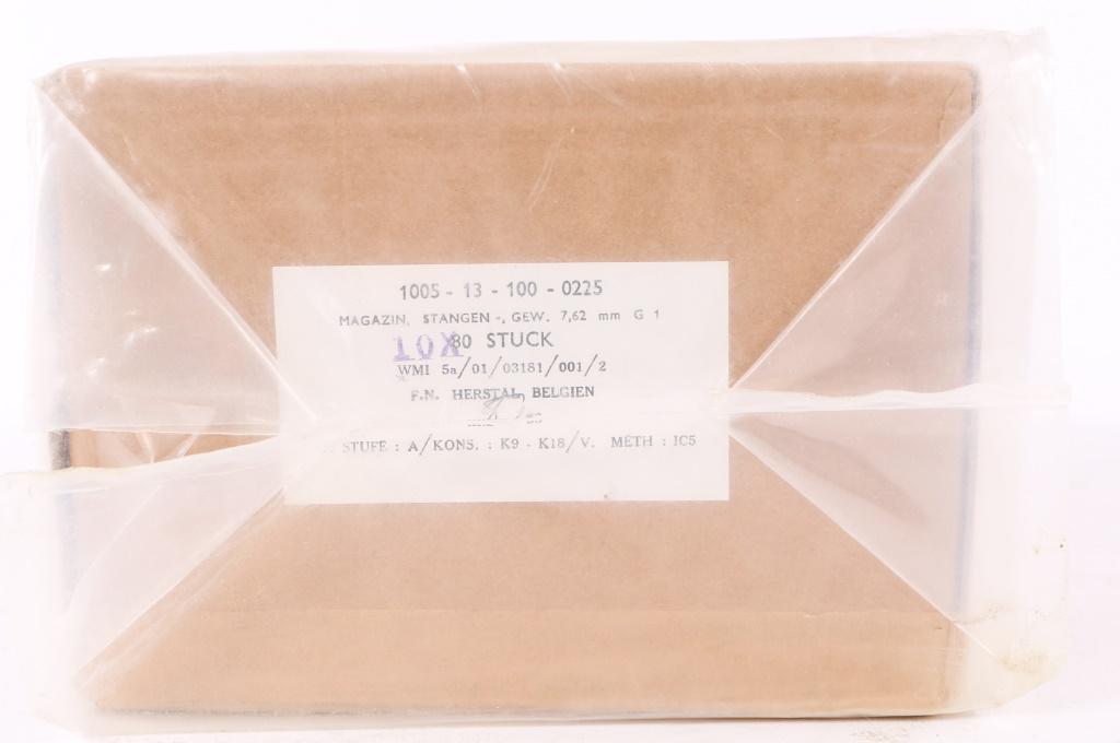 SEALED BELGIAN FN FAL 7.62 NATO MAGAZINE LOT OF 10: SEALED BELGIAN FN FAL 7.62 NATO MAGAZINE LOT OF 10 Sealed Belgian FN FAL 7.62 NATO Magazine Lot of 10. Label marked "1005-13-100-0225". Packed in August 1963. The lot includes ten 20 round steel magaz