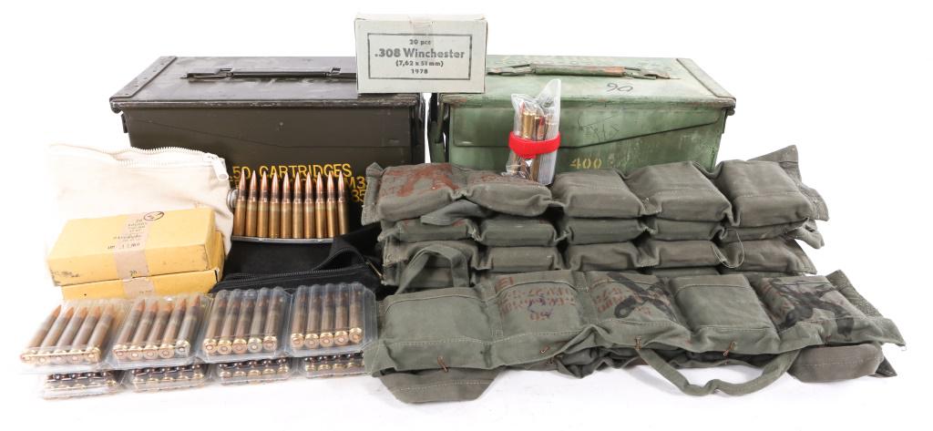 RIFLE AMMUNITION 650+ ROUNDS OF 7.62x51mm: RIFLE AMMUNITION 650+ ROUNDS OF 7.62x51mm 650+ Rounds of 7.62x51mm Rifle Ammunition Lot with Ammo Cans. Approximately 500 rounds in stripper clips in bandoliers, 60 boxed rounds of 7.62 L2A2 packaged 