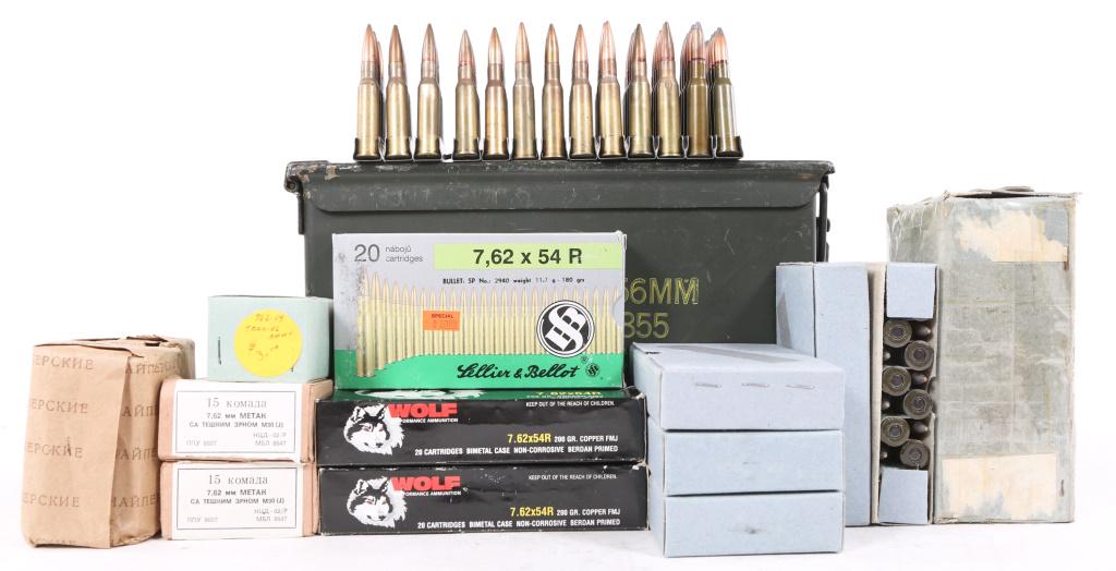 AMMUNITION 250+ ROUNDS OF 7.62x54R WITH CAN: AMMUNITION 250+ ROUNDS OF 7.62x54R WITH CAN 250+ Rounds of 7.62x54R with Ammunition Can. Approximately 50 rounds on stripper clips, approximately 150 boxed Yugo rounds, 40 rounds of Wolf 200 grain, 20