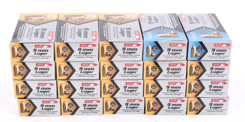 AMMUNITION 1000 ROUNDS AGUILA 9mm LUGER FMJ: AMMUNITION 1000 ROUNDS AGUILA 9mm LUGER FMJ 1000 rounds Aguila 9mm Luger FMJ ammunition. 100 rounds of 124 grain, 900 rounds of 117 grain. Caliber / Gauge: 9mm