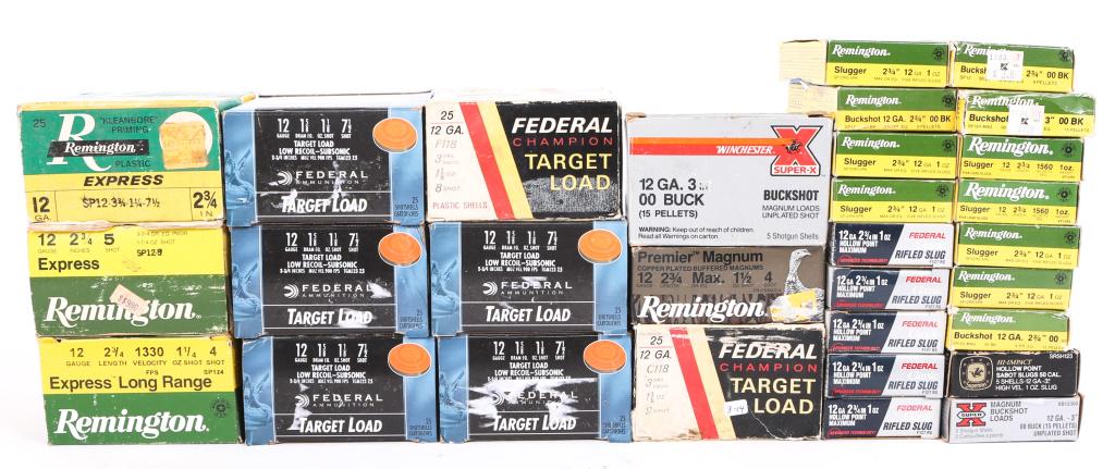 SHOTGUN AMMUNITION 385 ROUNDS 12 GAUGE: SHOTGUN AMMUNITION 385 ROUNDS 12 GAUGE 385 rounds 12 gauge shotgun ammunition. 5 rounds Winchester High Impact hollow point slugs, 10 rounds Remington Premier Magnum, 10 rounds Winchester Super X 00 b
