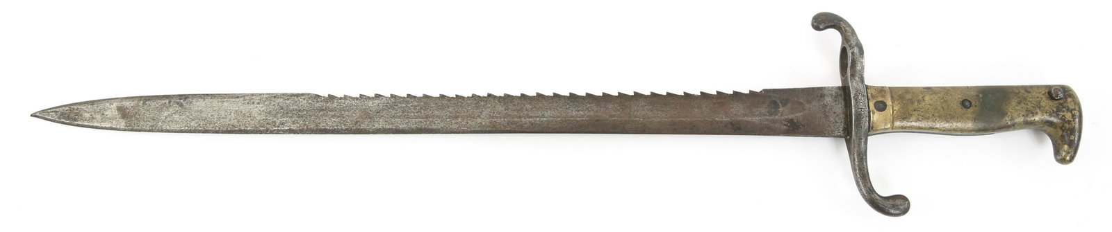 IMPERIAL GERMAN M1871 SAWBACK SWORD BAYONET: IMPERIAL GERMAN M1871 SAWBACK SWORD BAYONET Imperial German M1871 sawback sword bayonet. Spine marked "74" between imperial stamps. Faded maker mark to ricasso. Crossguard marked "26. R.R.9. 3." Brass