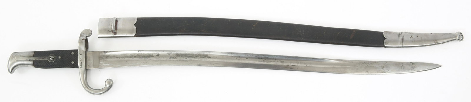 DANISH MODEL 1867 YATAGHAN BAYONET BY ALEX COPPEL: DANISH MODEL 1867 YATAGHAN BAYONET BY ALEX COPPEL Danish Model 1867 Yataghan Bayonet With Scabbard, Bright fullered yataghan curved blade, ricasso marked "ALEX. COPPEL SOLINGEN". Crossguard marked "62
