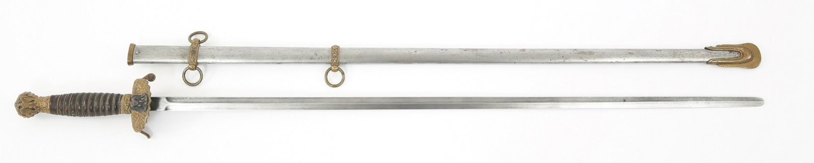 19TH C. US MILITARY PRESENTATION SWORD: 19TH C. US MILITARY PRESENTATION SWORD 19th Century US Military Presentation Sword. Pictorial Beaver or Squirrel Maker Mark on Ricasso. Leather buffer pad. Wire wrapped leather handle. Brass Hilt Fitt