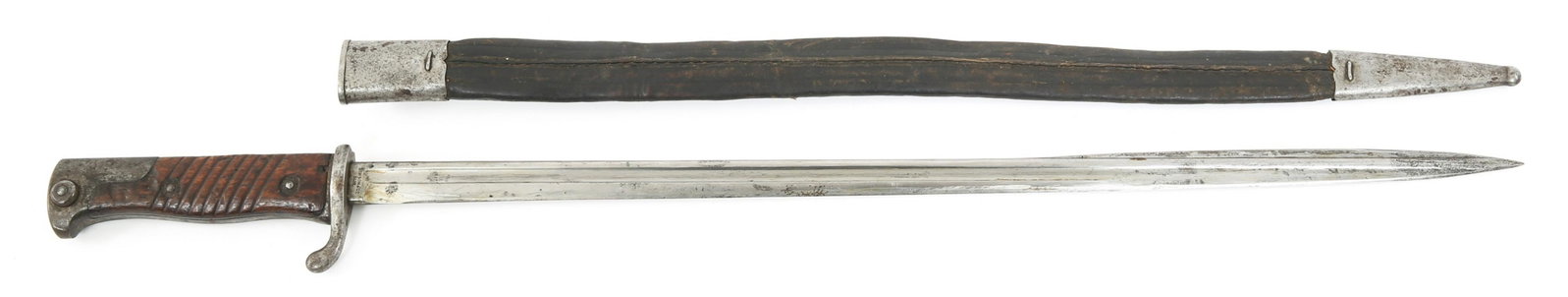 IMPERIAL GERMAN M1898 BAYONET BY SIMSON & CO.: IMPERIAL GERMAN M1898 BAYONET BY SIMSON & CO. Imperial German M1898 "Newer Model" bayonet with the two-piece wooden grips. Ricasso marked "Simson & Co. Suhl" crossguard marked "103 R.9.146.". Leather 