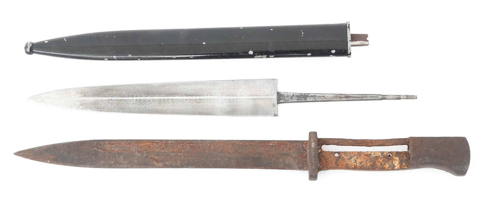 WWII GERMAN SA DAGGER & DRESS BAYONET BLADE LOT: WWII GERMAN SA DAGGER & DRESS BAYONET BLADE LOT WWII era German SA dagger blade, Dress bayonet blade, and dug bayonet. (1) SA bayonet blade, "Ulles fur Deutschland" motto etching and "RZM M7/103" are 