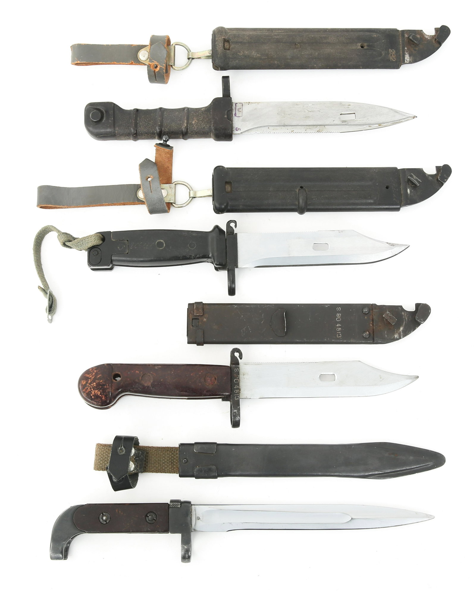 AK-47 AKM & AK-74 RIFLE BAYONETS LOT OF 4: AK-47 AKM & AK-74 RIFLE BAYONETS LOT OF 4 AK-47 AKM, AK74 bayonets lot. (1) AK-47 bayonet. (1) AKM Type II transitional bayonet . (1) AKM Type I bayonet. (1) AK74 bayonet. All are accompanied by sheat