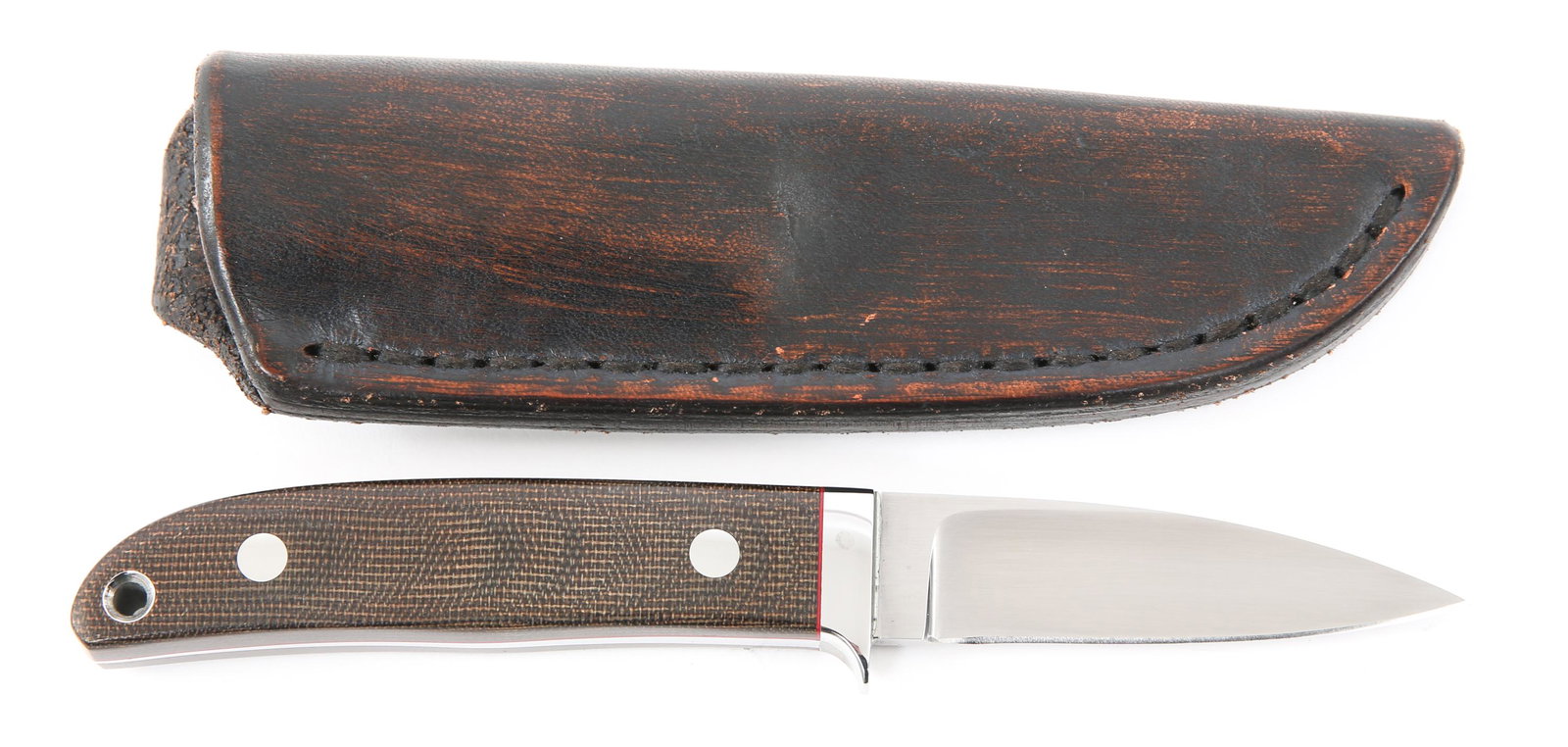 FIXED BLADE SHEATH KNIFE BY J. SPONAUGLE: FIXED BLADE SHEATH KNIFE BY J. SPONAUGLE Fixed blade knife by John Sponaugle. Blade marked "Gordonsville, TN". Micarta handle. Brown leather sheath. Blade Length: 2.75" Overall Length: 7"