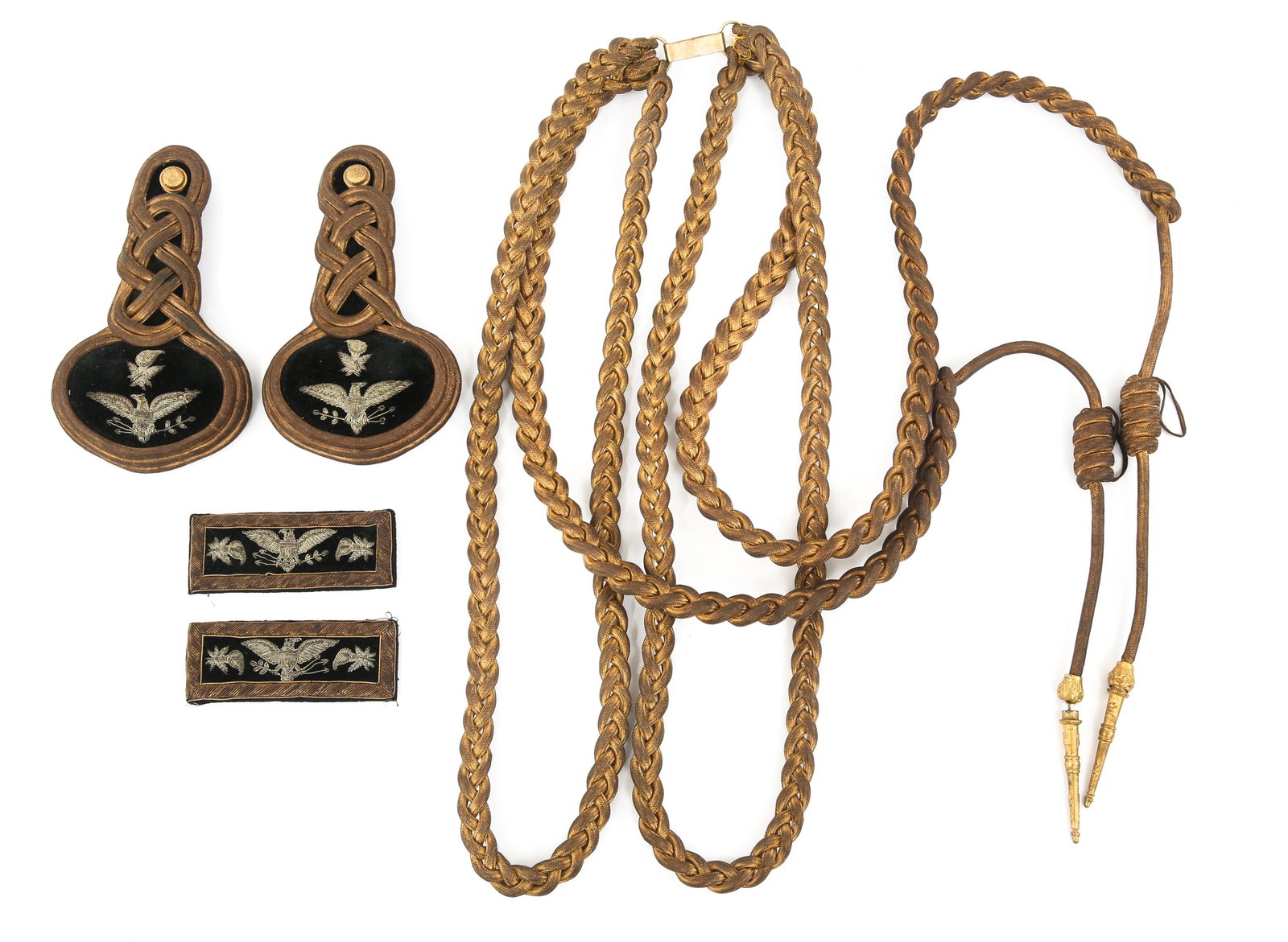 KNIGHTS OF PYTHIAS EPAULETTES & ACCOUTREMENTS LOT: KNIGHTS OF PYTHIAS EPAULETTES & ACCOUTREMENTS LOT Knights of Pythias Rank full dress epaulettes & Aiguillettes, set of shoulder boards. Gold & silver tone bullion-wire and black felt & silk constructi