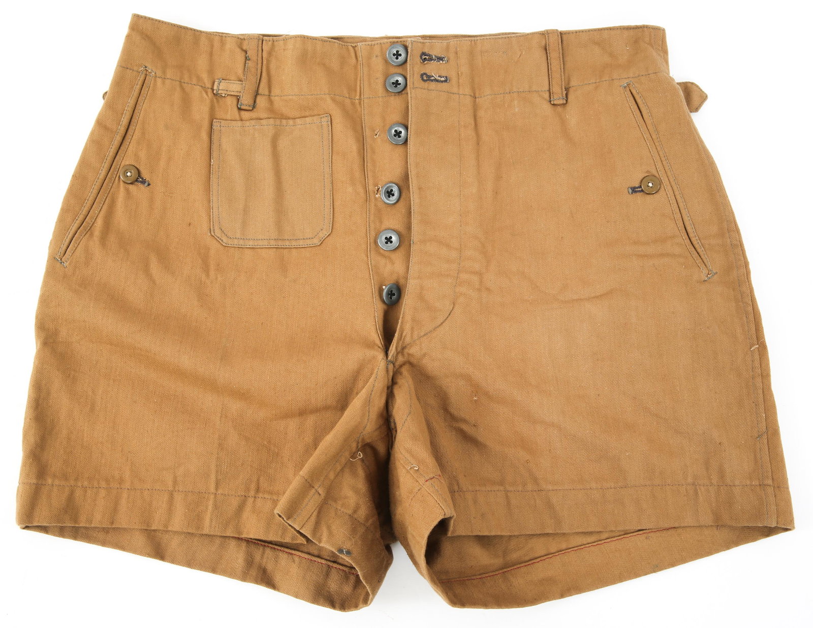 WWII GERMAN KRIEGSMARINE TROPICAL KHAKI SHORTS: WWII GERMAN KRIEGSMARINE TROPICAL KHAKI SHORTS WWII German Kriegsmarine tropical khaki shorts. Marked "B.A.-W. 13 5 43" stamped in black ink. Metallic and ceramic buttons. Waist measurement is 17" wid