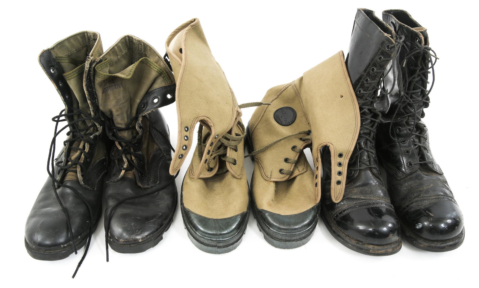 COLD WAR ERA US MILITARY COMBAT BOOTS LOT OF 3: COLD WAR ERA US MILITARY COMBAT BOOTS LOT OF 3 Cold War era US military combat boots lot of 3. (1) Black leather Corcoran boots size: 10. (1) Jungle boots by Ro-Search size: 9.5. (1) Mil-tec boots by 