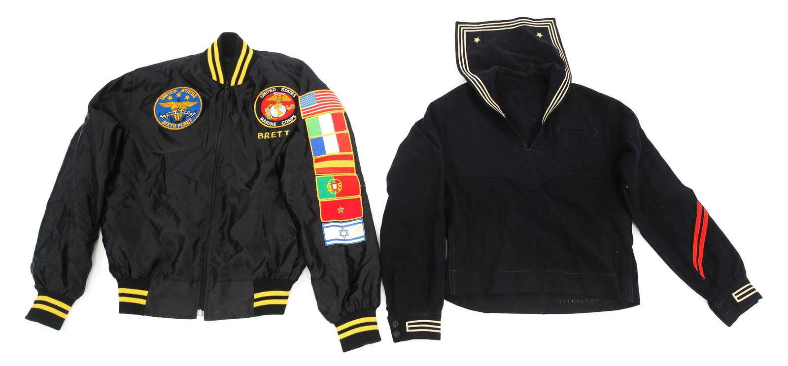 US NAVY SERVICE DRESS BLUES & CUSTOM JACKET LOT: US NAVY SERVICE DRESS BLUES & CUSTOM JACKET LOT USN Service Dress Blues Uniform & Custom Jacket. Lot includes: (1) USN Service Dress Blues Set with jumper (marked with USS Tench tab and named to "Hitc
