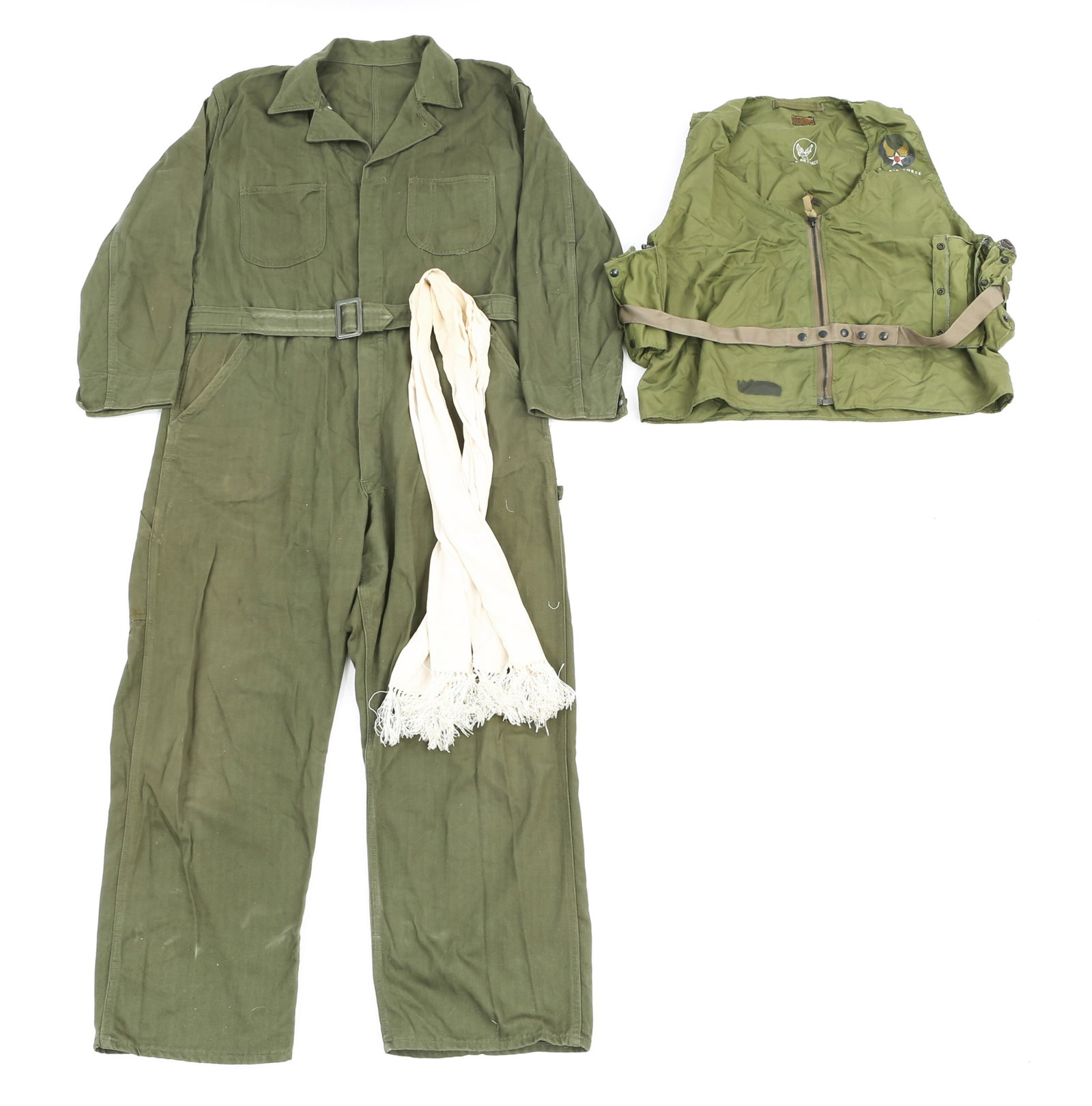 20TH C. US HBT COVERALLS TYPE E-1 VEST & SCARF: 20TH C. US HBT COVERALLS TYPE E-1 VEST & SCARF 20th C. US Military HBT coveralls, Vest and Scarf. (1) USAF Type E-1 Radio-Carrier's vest. Size: extra large. (1) USGI OD green, HBT coveralls. Size: lar
